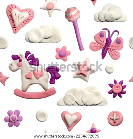Seamless pattern of clouds, stars, flowers, horses, butterflies, lollipops and plasticine hearts. Colored plasticine clay 3D illustration isolated on white background, cute dough shape.