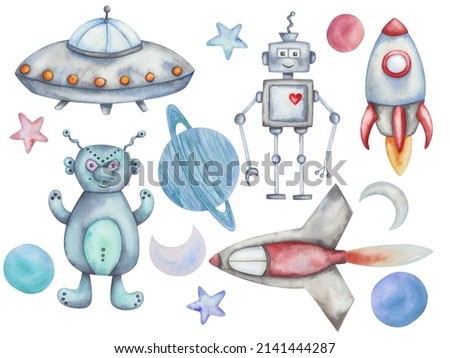 Watercolor illustration of hand painted spaceship, spacecraft. Rocket with fire. Alien, robot characters, planet, moon, stars in blue, grey colors. Isolated clip art for children fabric, textile print