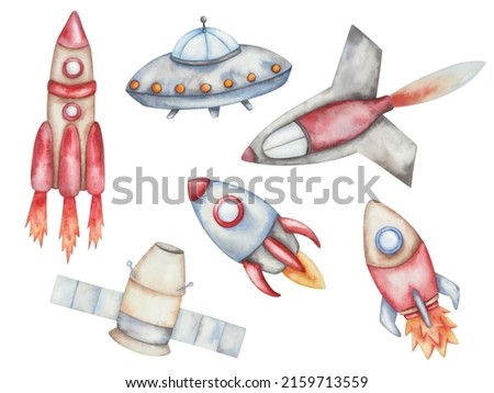 Watercolor illustration of hand painted rockets, sattelite, spacecraft with fire flying in outer space. Spaceships in red, blue, beige color. International Day of Human Space Flight. Isolated clip art
