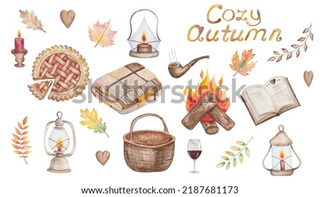 Watercolor illustration of hand painted betty oil lantern, book, fire on logs, checked plaid blanket, basket, leaves, pie, candle, glass of wine. Isolated clip art for camping, autumn, picnic prints