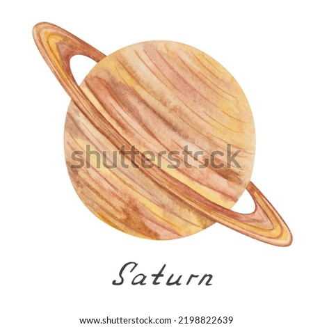 Watercolor illustration of hand painted orange brown planet with ring. Saturn planet from solar system. Space, outer space. Isolated clip art for textile prints, banners, posters for World Space Week