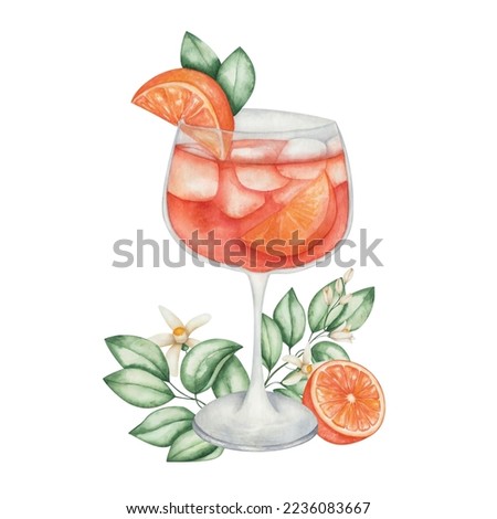 Watercolor illustration. Hand painted orange cocktail in glass with slice of orange fruit, green leaves, flowers, cubical ice. Aperol spritz in goblet. Alcohol beverage drink. Isolated clip art