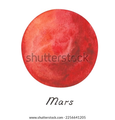 Watercolor illustration of hand painted planet Mars in red color. Outer space extraterrestrial object of Solar system. World Space Week. Handwritten title. Isolated clip art for posters, banners