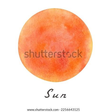 Watercolor illustration of hand painted star Sun in yellow, orange color. Outer space extraterrestrial object of Solar system. World Space Week. Fire ball. Isolated clip art for posters, banners