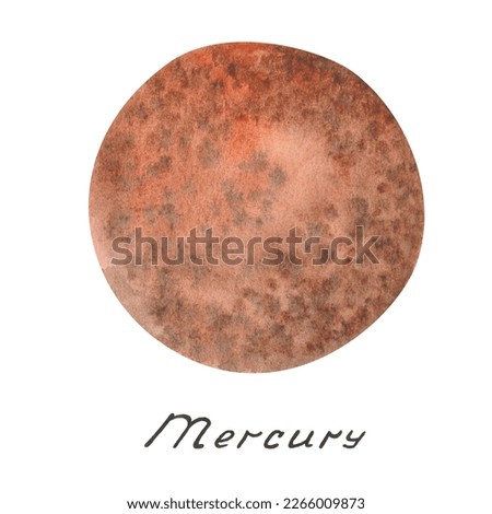 Watercolor illustration. Hand painted brown orange planet Mercury. Space and outer space. Extraterrestrial object of Solar system. World Space Week. Isolated clip art for banners, posters