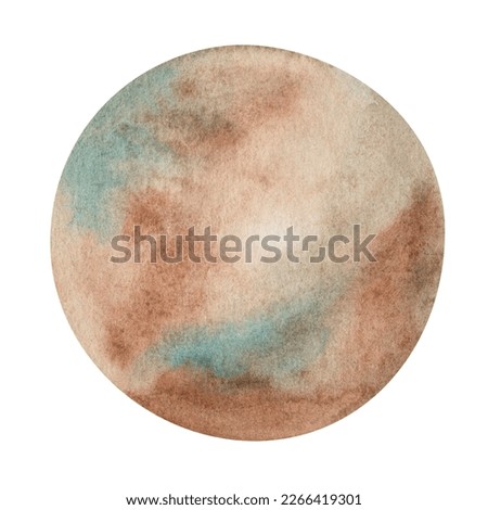 Watercolor illustration. Hand painted abstract background in round form in blue, brown colors. Extrasolar planet. Extraterrestrial object in outer space. World Space Week. Isolated clip art for banner