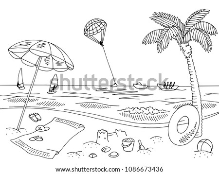 Sea coast beach graphic black white landscape sketch illustration vector