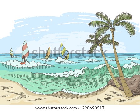 Sea windsurfing graphic color seascape sketch illustration vector