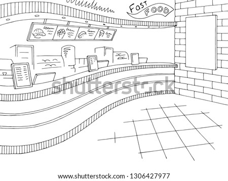 Fast food interior graphic black white restaurant sketch illustration vector