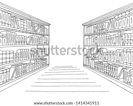 Library shelf graphic black white interior sketch illustration vector