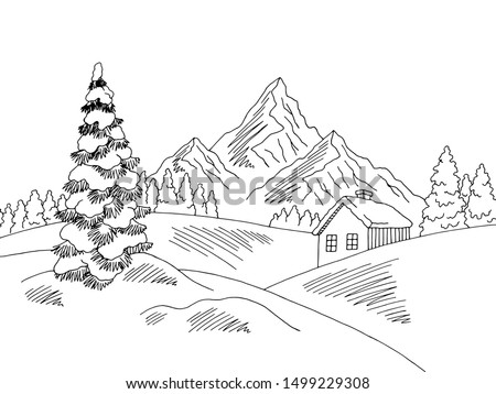 Winter landscape graphic black white sketch illustration vector
