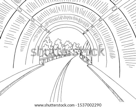 Exit from the tunnel road graphic black white landscape sketch illustration vector