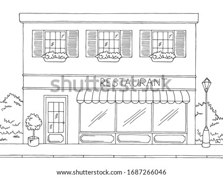 Restaurant exterior graphic black white sketch illustration vector