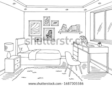 Children room graphic black white home interior sketch illustration vector