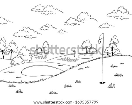 Golf course graphic art black white landscape sketch illustration vector