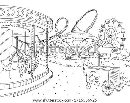 Amusement park landscape graphic black white sketch illustration vector