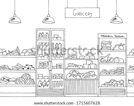Grocery store shop interior black white graphic sketch seamless pattern illustration vector