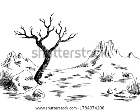 Desert graphic black white landscape dead tree sketch illustration vector