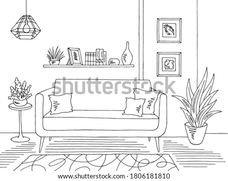 Living room graphic black white home interior sketch illustration vector