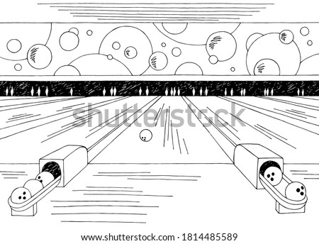 Bowling interior graphic black white sketch illustration vector