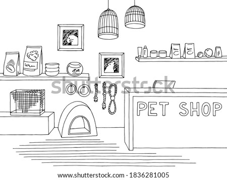 Pet shop store graphic interior black white sketch illustration vector