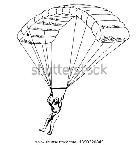 Man jumping with a parachute isolated graphic. Black and white sketch illustration, vector.