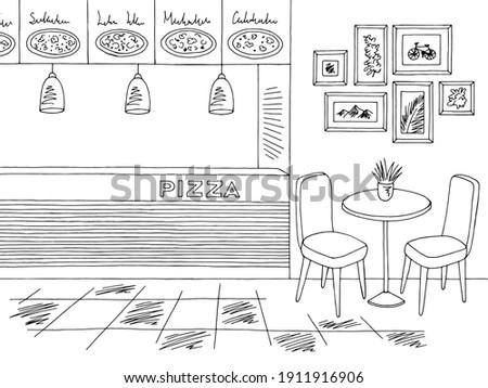 Pizza restaurant interior fast food court graphic black white sketch illustration vector