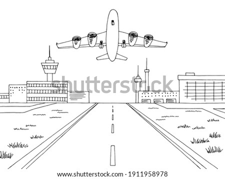 Airport exterior plane takes off graphic black white sketch illustration vector 