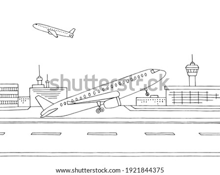 Airport exterior plane takes off graphic black white sketch illustration vector 