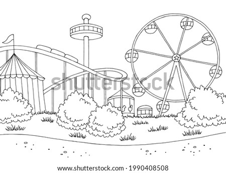 Amusement park landscape graphic black white sketch illustration vector 