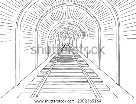 Train tunnel exit railroad graphic black white sketch illustration vector 