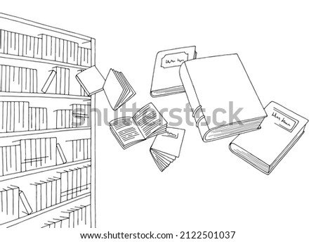 Books fly off the shelves in the library graphic black white sketch illustration vector 