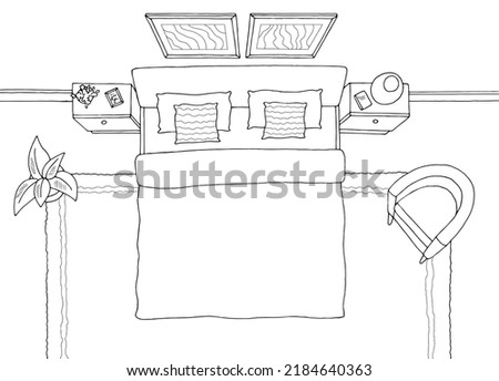 Bedroom top view from above graphic black white home interior sketch illustration vector 