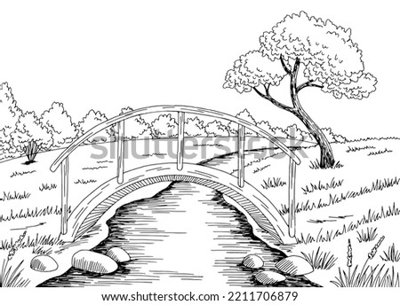 Bridge graphic river black white landscape sketch illustration vector 