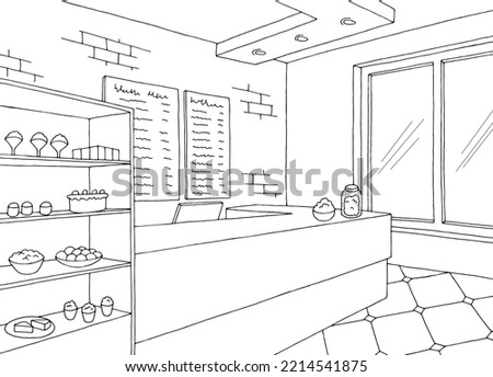 Cafe graphic black white interior sketch illustration vector 
