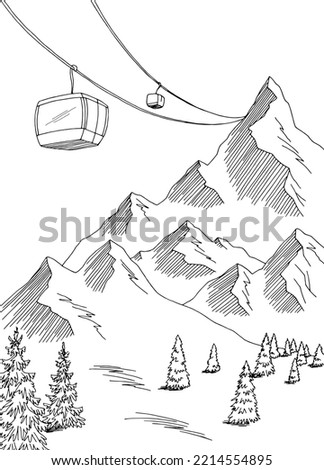 Cable car graphic mountain black white landscape sketch vertical illustration vector 