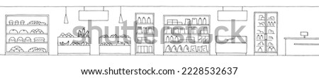 Grocery store shop interior black white graphic sketch long illustration vector 