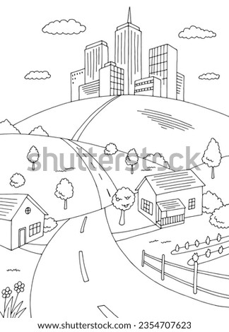Road from the village to the city graphic black white vertical sketch illustration vector 