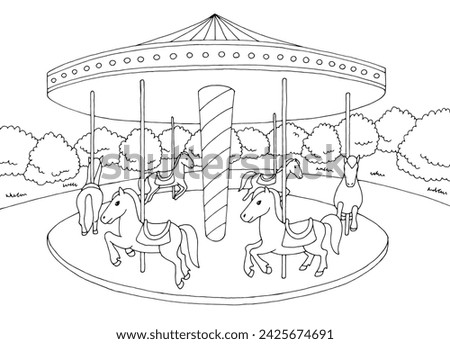 Carousel amusement park landscape graphic black white sketch illustration vector