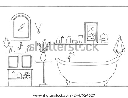 Bathroom graphic home interior black white sketch illustration vector 