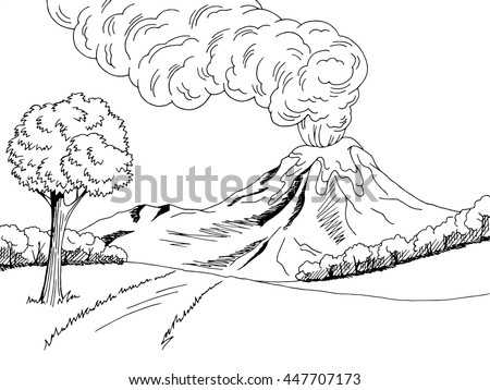 Volcano mountain hill road graphic art black white sketch landscape illustration vector