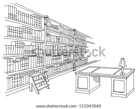 Library room interior black white graphic sketch illustration vector