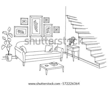 Living room graphic black white interior sketch illustration vector