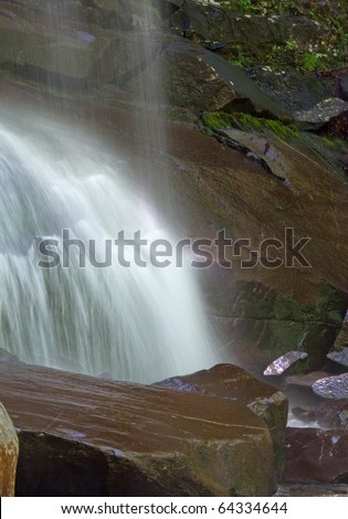 Photograph of the bottom of Rainbow Falls in Smoky Mountain National Park.  Shot with an extended exposure to soften the water and give it a smooth bridled effect.
