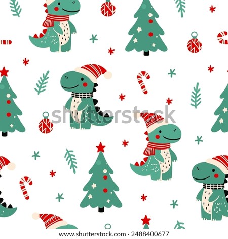 Christmas set with festive dinosaurs and cute characters. Christmas dinosaurs, trees, sweets and toys. Pattern with dinosaurs but new year.