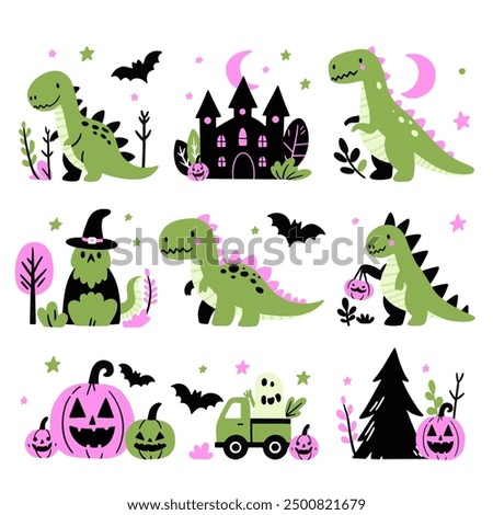 Cute dinosaur seamless pattern with spider web for Halloween. Dinosaurs, pumpkins, spider, ghost, costumes, spider, sweets funny hand drawn doodle, textile graphic design, wallpaper. 