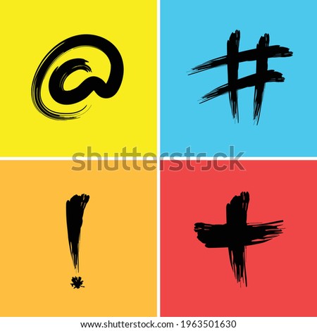 Hashtag exclamation mark Plus At The Rate Signs Symbols Icons vector using neon colors in a brush stroke script.