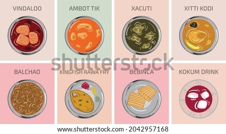 Indian food vector graphics. Goan Goa Food. Main Course breakfast lunch and dinner meals in India. Vindaloo Ambot Tik Xacuti Xitti Kodi Balchao Bebinca Kingfish Rawa Fry Kokum Drink