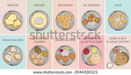 Indian food vector graphics. Rajasthani Food from Rajasthan. Main Course breakfast lunch and dinner meals in India. Dal bhati churma laal maans red meat lasun chutney onion kachori ghevar malpua gujia