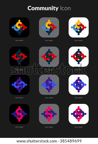 Community icons set for icon application mobile or button main screen phone. Colorful vector flat style design template with drop shadow on dark grey background.